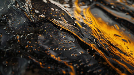 detailed close-up of viscous crude oil with its dark, rich texture and reflective surface, thick, almost liquid-like quality of the oil, industrial background, environment issues