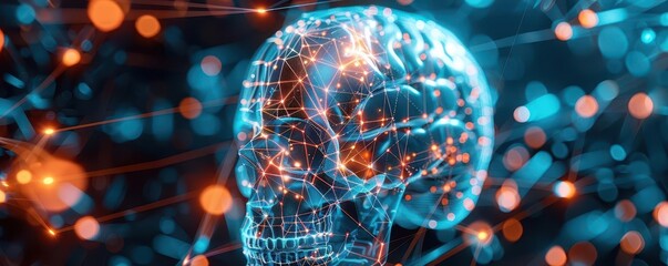 A futuristic brain-computer interface device, merging into a human skull, with a worms eye view angle in digital 3D rendering