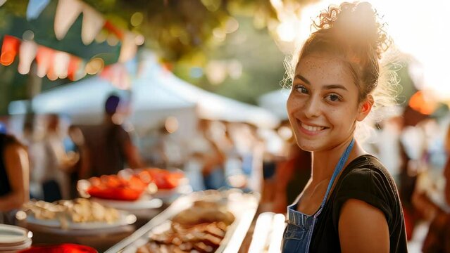 Smiling woman in apron at outdoor market stall with food