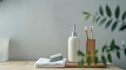 Liquid soap and toothbrush dispenser on wooden bathroom table with text space