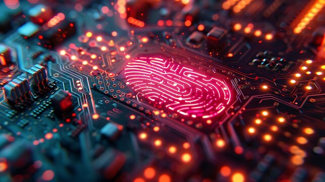 Glowing Fingerprint Pattern on Neon Circuit Board 