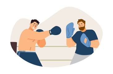 Vector illustration with sparring with a male boxer and a trainer in the ring