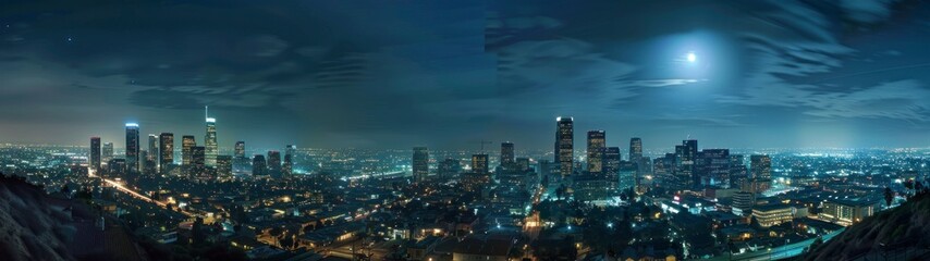 Fototapeta premium 32:9 panoramic view of the city of Los Angeles at night