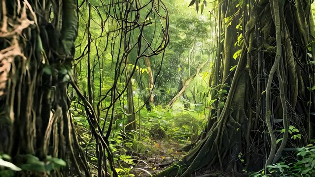 Dense jungle with thick vines and lush greenery, illuminated by sunlight filtering through canopy