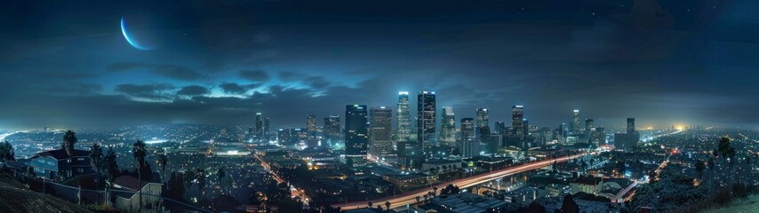 32:9 panoramic view of the city of Los Angeles at night