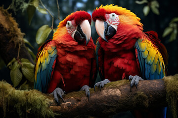 A pair of vividly colored parrots are perched on a branch in the jungle.