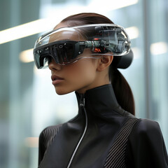 A woman wearing a futuristic VR headset.