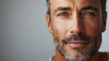 Obraz premium Middle-aged man with gray hair and blue eyes, focusing on skincare and facial grooming