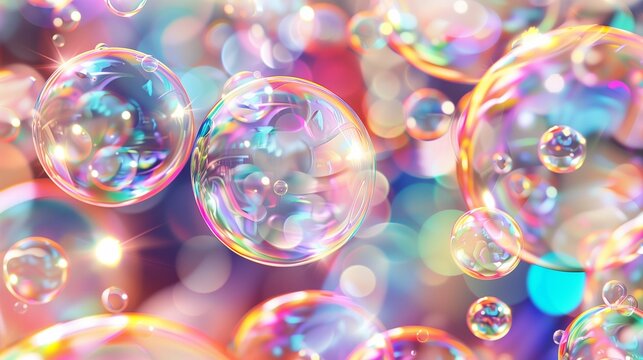 A mesmerizing array of transparent vector soap bubbles, each floating effortlessly on an abstract background. 