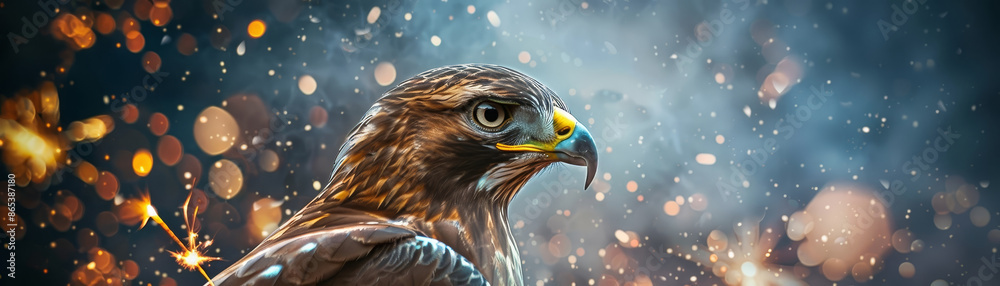 Wall mural Striking double exposure image featuring a powerful hawk silhouetted against a vibrant display of fireworks bursting in a moody,atmospheric night sky.