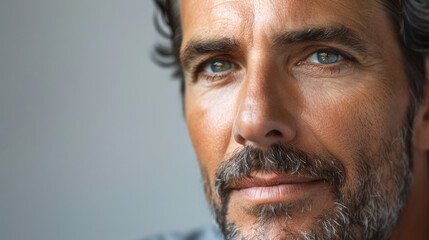 Fototapeta premium Portrait of a middle-aged man with blue eyes and gray hair, focusing on skincare