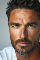 Fototapeta premium Close-up portrait of a mature man with dark hair and blue eyes, emphasizing skincare and facial grooming