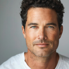 Fototapeta premium Close-up side view of a mature man with gray hair and blue eyes, emphasizing skincare
