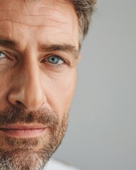Obraz premium A mature American man with blue eyes, focusing on skincare and grooming, close-up portrait