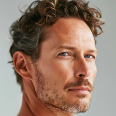 Obraz premium A mature American man with blue eyes, showing his skincare routine, close-up portrait