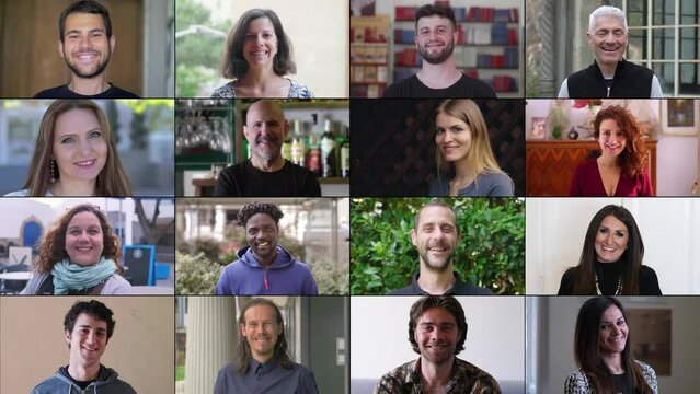 A vibrant multiscreen display featuring 16 individuals from different ethnic backgrounds, including a majority of Caucasians and several Africans, all smiling and radiating joy and positivity.