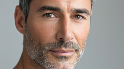 A middle-aged American man with a well-groomed beard and clear skin, demonstrating facial skincare in a close-up portrait