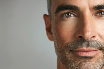 Obraz premium A portrait of an American man highlighting his facial skin care routine, close-up view
