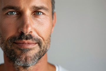 Obraz premium A portrait of an American man highlighting his facial skin care routine, close-up view