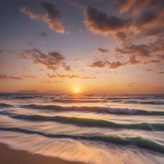Obraz premium Sunset Over a Serene Beach with Smooth Waves and Golden Sky