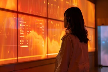 App display looking over a shoulder of a woman in front of a interactive digital board with a fully orange screen