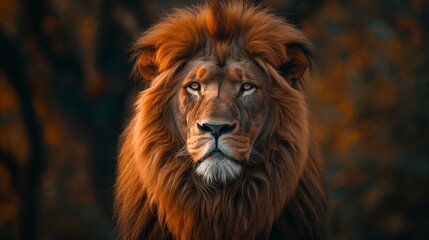 Fototapeta premium A majestic lion with an impressive mane stands against the backdrop of its natural habitat