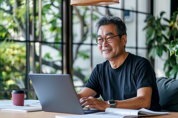 Businessman using his laptop in an office building