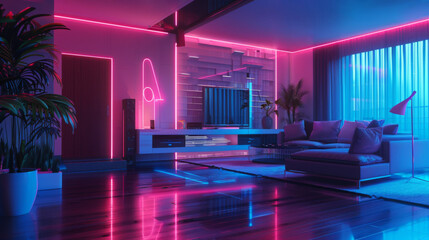 Cyber living room with neon light and reflection 