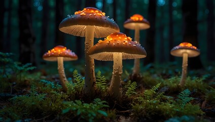 Fototapeta premium The magic of glowing mushrooms illuminating the forest floor ai_generated