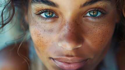 Close-Up Portrait of Young Woman with Freckles and Turquoise Eyes in Soft Natural Light for Beauty and Skincare Concept