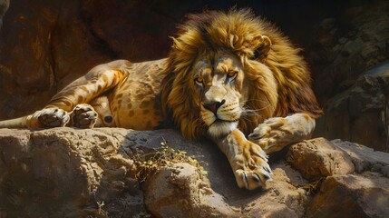 A lion lies on a stone and looks forward. 