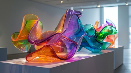 A modern art gallery presents a futuristic sculpture exposition, featuring an abstract art piece with surreal organic shapes crafted from vibrant, colorful glass. 