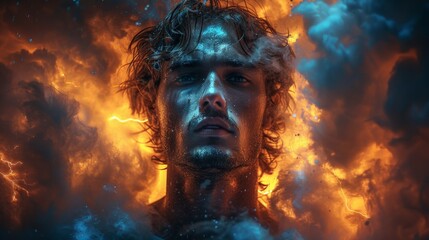 A man surrounded by dramatic flames and smoke - Generative AI