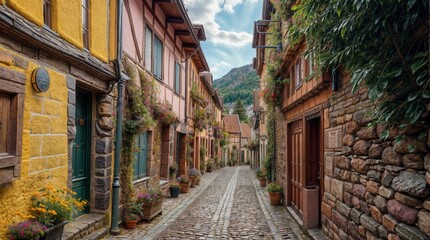 Obraz premium Flowery streets on a rainy spring day in a small magical village