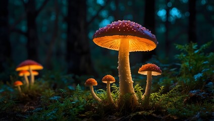 Fototapeta premium Under the canopy, glowing mushrooms paint the night with mystical hues ai_generated