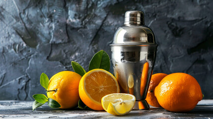 A shiny metal cocktail shaker surrounded by fresh oranges and lemon slices, set against a dark textured background.