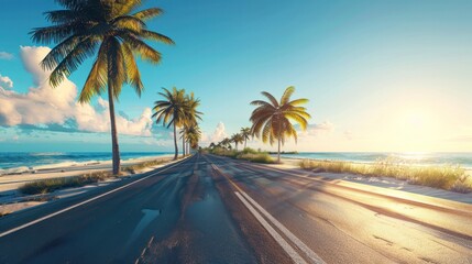 A sun-drenched coastal road lined with palm trees, leading to a picturesque beach