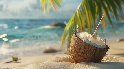 Coconut Cocktail on the Beach: 8K Transparent Photorealistic Image

