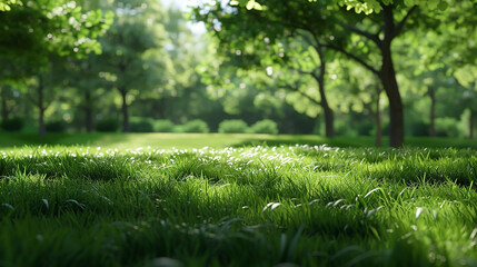 Fototapeta premium A lush green park with trees and grass illuminated by sunlight. The natural scenery provides a calming and refreshing environment, ideal for outdoor activities and relaxation.