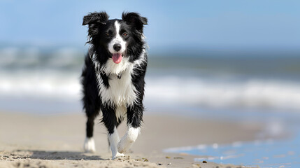Border collie running on the sea summer beach. Dog training concept. Copy space.
