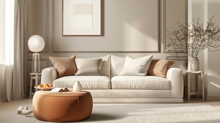 cozy couch sofa in living room interior design, minimalistic modern interior