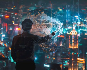 Fototapeta premium Silhouette of a man interacting with a digital globe over a cityscape.