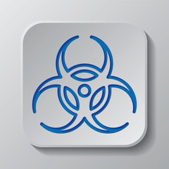 Biohazard simple icon vector. Flat design. Paper cut design. Cutted blue symbol with shadow. Gray badge button, gray background