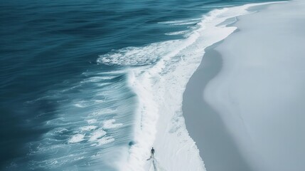 A surreal image of a white sand beach stretching endlessly into the distance, with a lone surfer riding a wave that never seems to end.