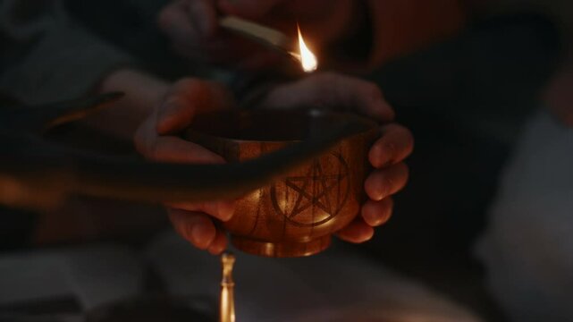 Closeup of hands of unrecognizable group of people preparing liquid for evoking satanic beings, adding ember of palo santo stick to ritual cup engraved with pentagram by candlelight at night indoors