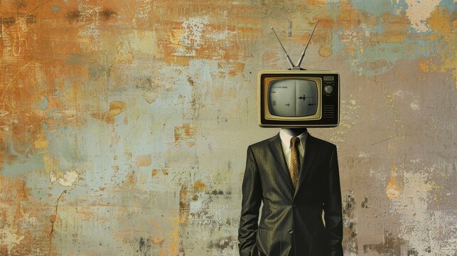 A man's head is on a television screen. The man is wearing a suit and tie