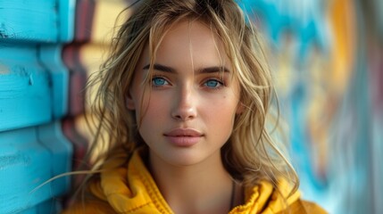 Fototapeta premium Portrait of a Young Woman with Blue Eyes Against a Colorful Wall - Generative AI