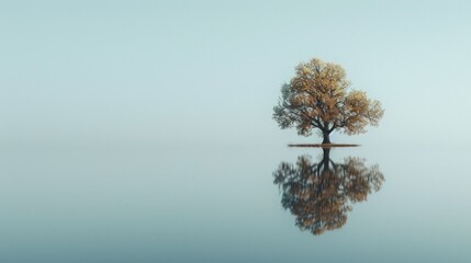 A tree reflected in a still lake, its image perfectly symmetrical, creating an illusion of infinity.
