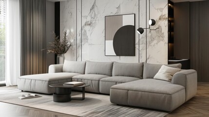 cozy couch sofa in living room interior design, minimalistic modern interior