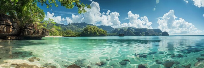 Breathtaking wallpaper showcasing a picturesque tropical lagoon with crystal clear turquoise waters,surrounded by lush greenery and a tranquil,idyllic atmosphere.